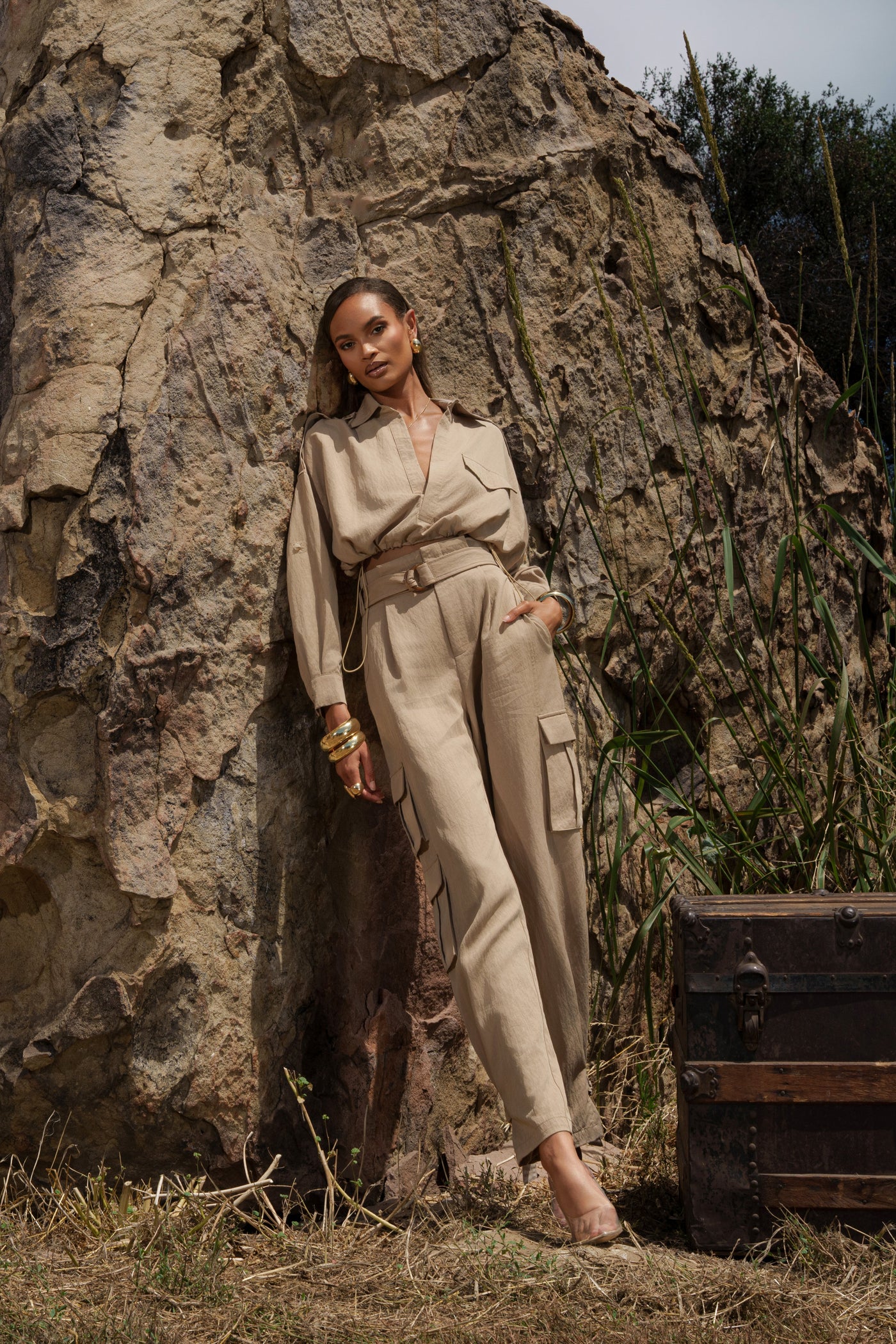 Tan Boundless Belted Cargo Pants - Velia
