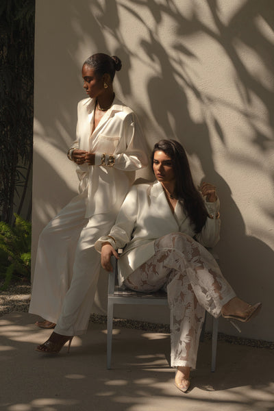 Ivory Organza Floral Pant - VELIA