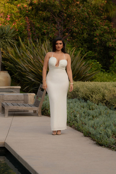 White Eclipse Plunge Neck Dress - VELIA