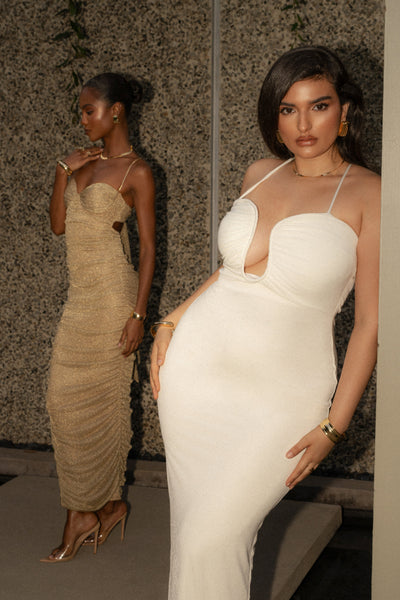 White Eclipse Plunge Neck Dress - VELIA